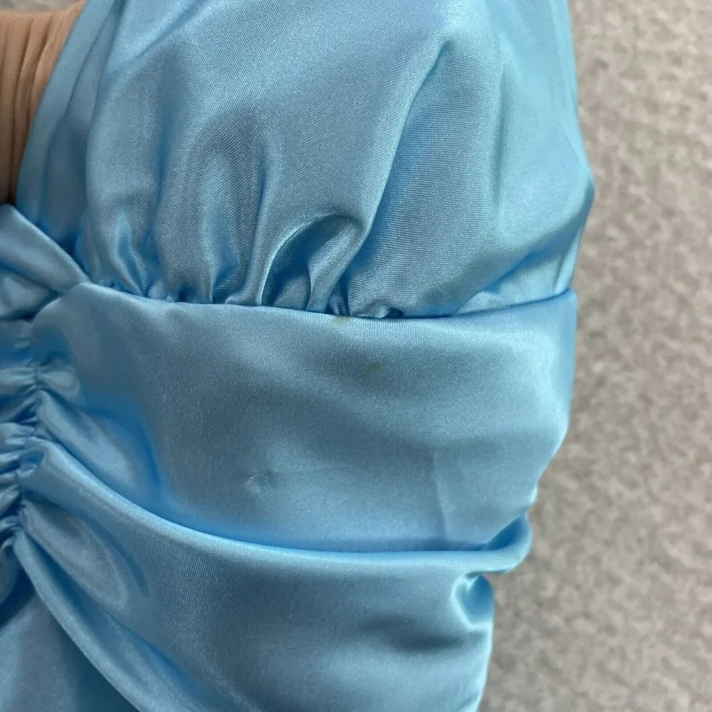 Y2K 2000s Baby Blue Satin Layer Open Back Halter Cinderella Fairy Mini Dress 4 S - Picture 7 of 8